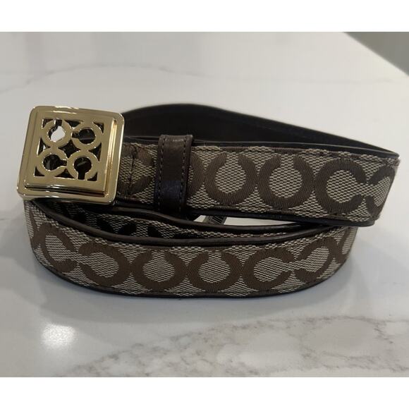 COACH Signature Logo KNS BELT Brown Sz Medium Leather Classic Gold C Buckle EUC - Picture 1 of 16